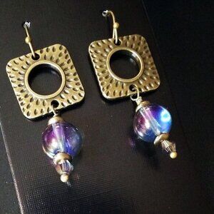 $10 CLEARANCE! Bronze Dangle Earrings w. Purple Hued Beads + Crystals